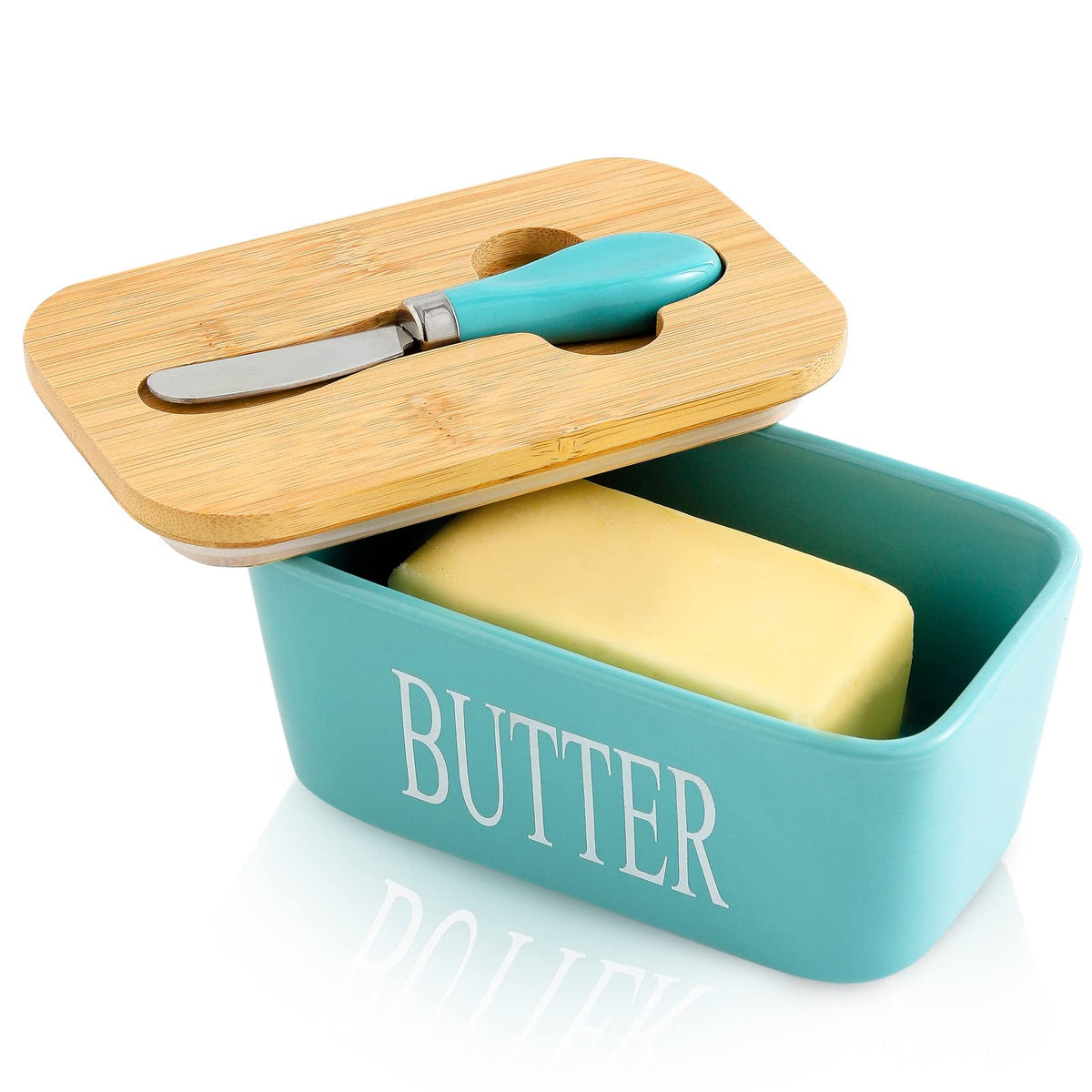 HASENSE porcelain butter dish with lid in turquoise keeps butter fresh on counter.