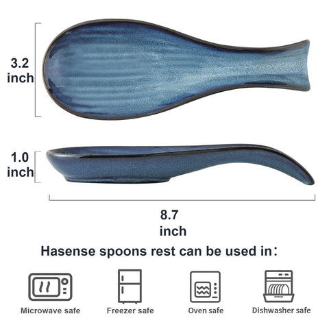 Hasense porcelain spoon holder on stove top safely catches drips during cooking.