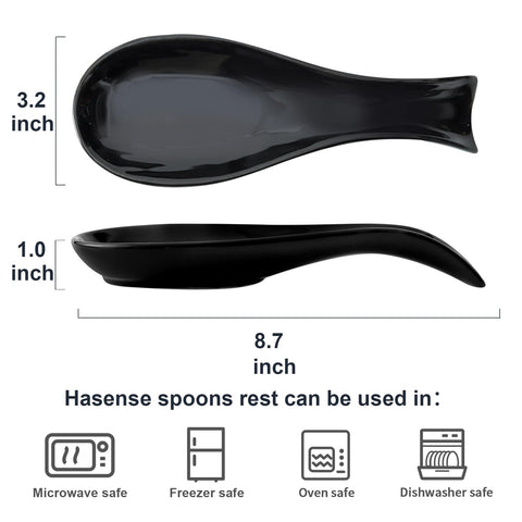Hasense ceramic spoon rest in black close-up highlights glossy finish and easy cleaning.