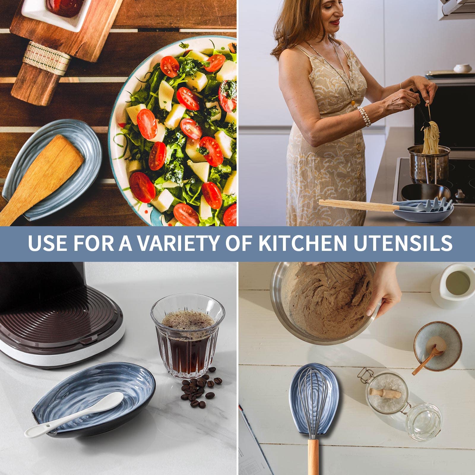 Hasense spoon rest on countertop adds subtle grey-blue aesthetic.