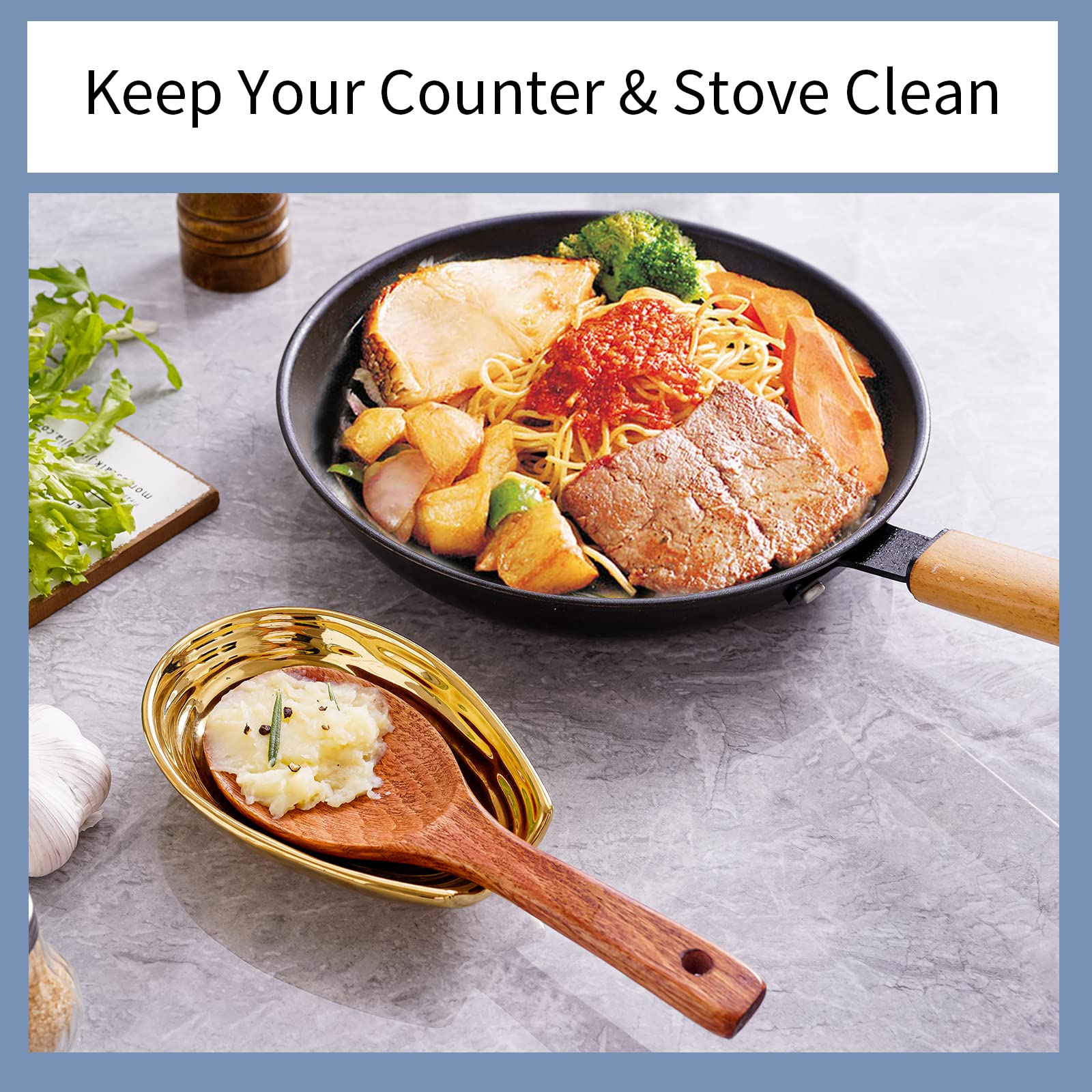 Gold-toned Hasense spoon rest complements gold flatware and modern kitchen décor