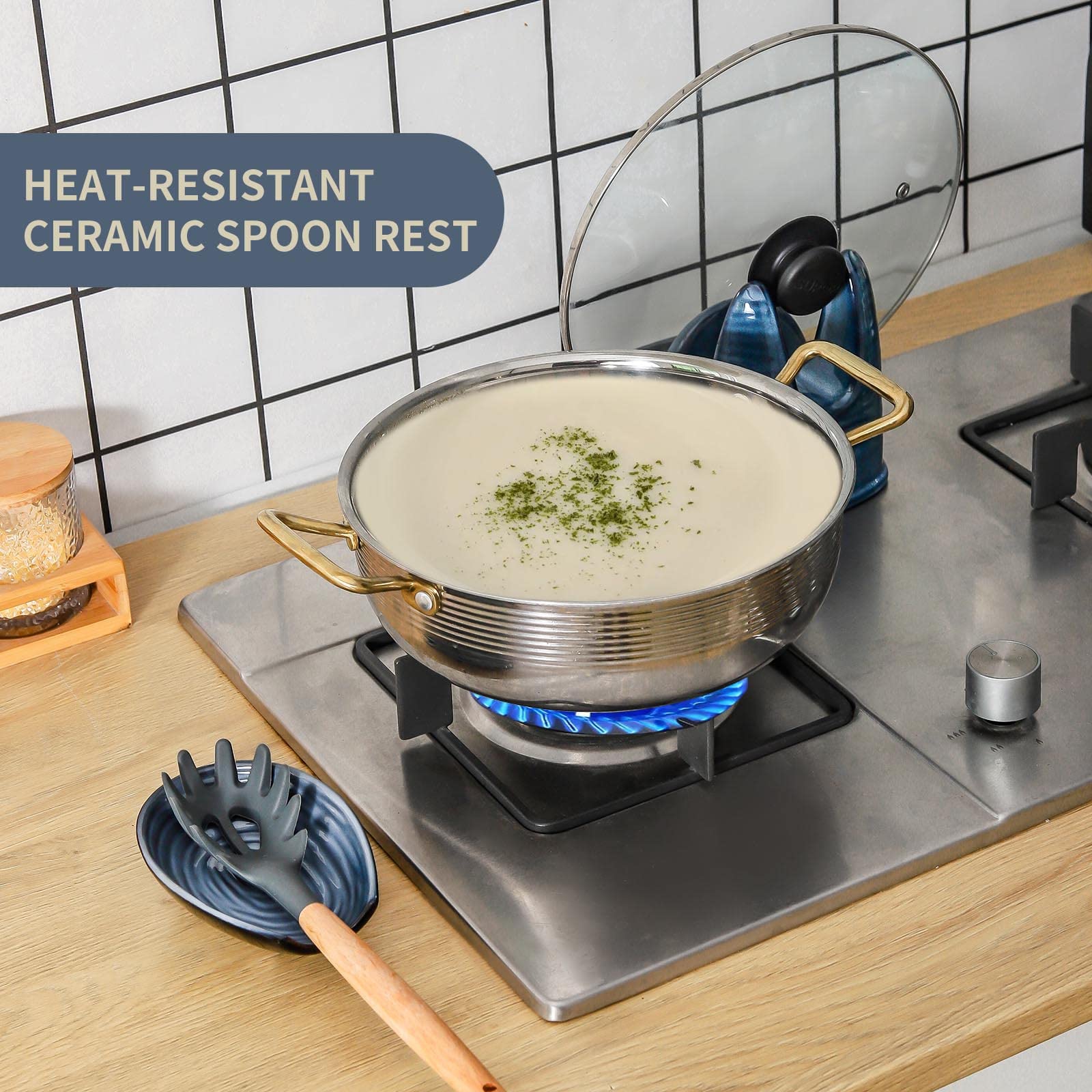 Hasense grey-blue glaze complements kitchen decor and counters.