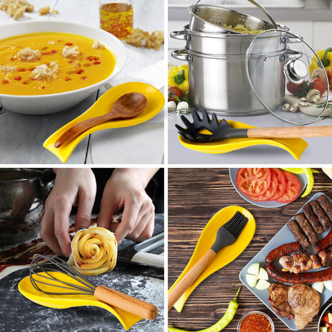 Hasense spoon rest on kitchen counter adds bright yellow decor to the space.