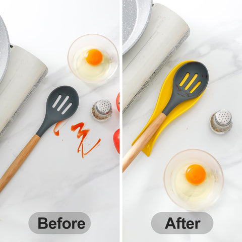 Utensils resting on Hasense holder keep drips off the countertop during cooking.
