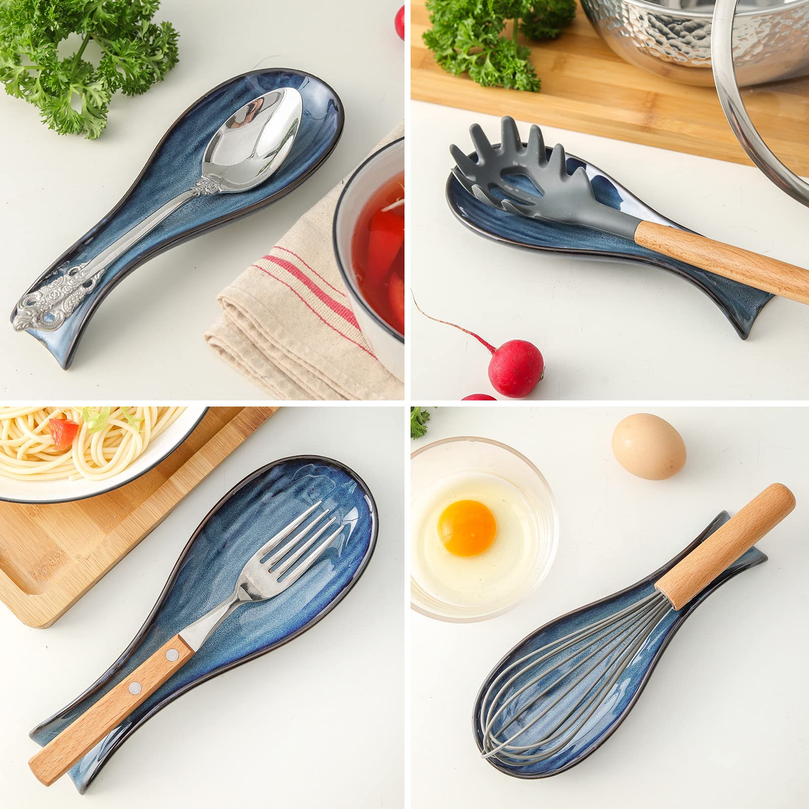 Hasense navy spoon rest with vintage design adds decor charm to kitchen.