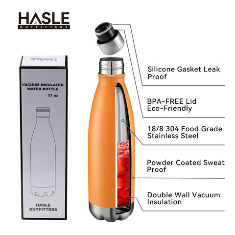HASLE OUTFITTERS 17oz orange bottle side view, easy to carry