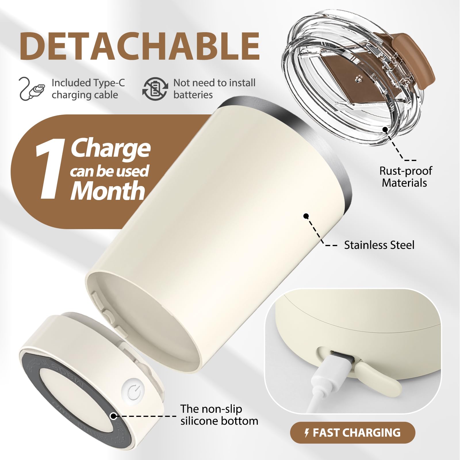 Hatisan detachable-base self-stirring mug designed for easy cleaning