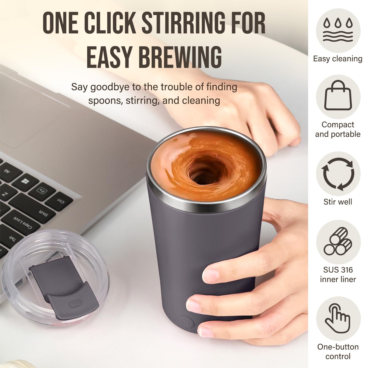 Hatisan self-stirring mug in action, quickly blending coffee and milk.