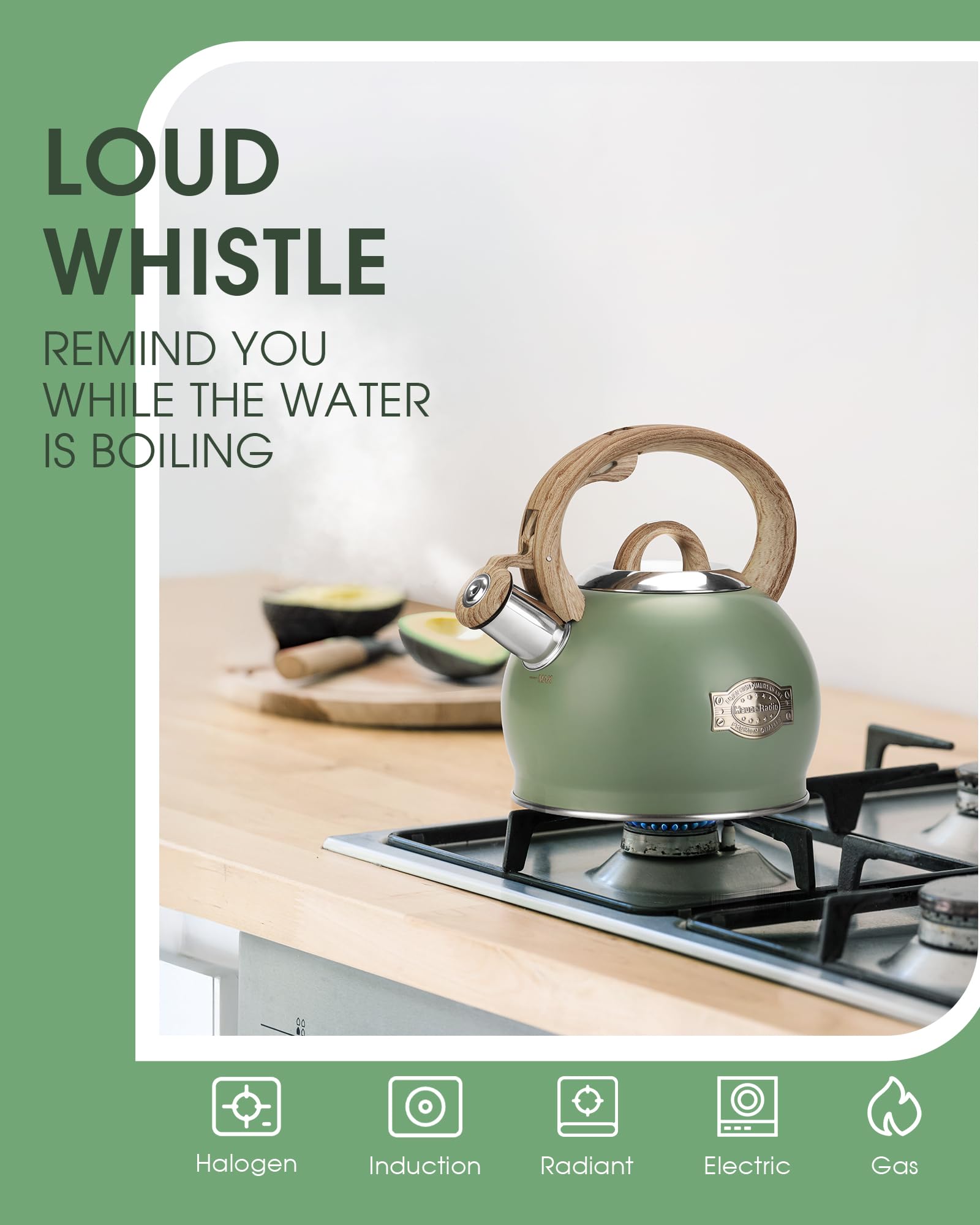 Hauce Radio Tea Kettle works with all heat sources for flexibility.