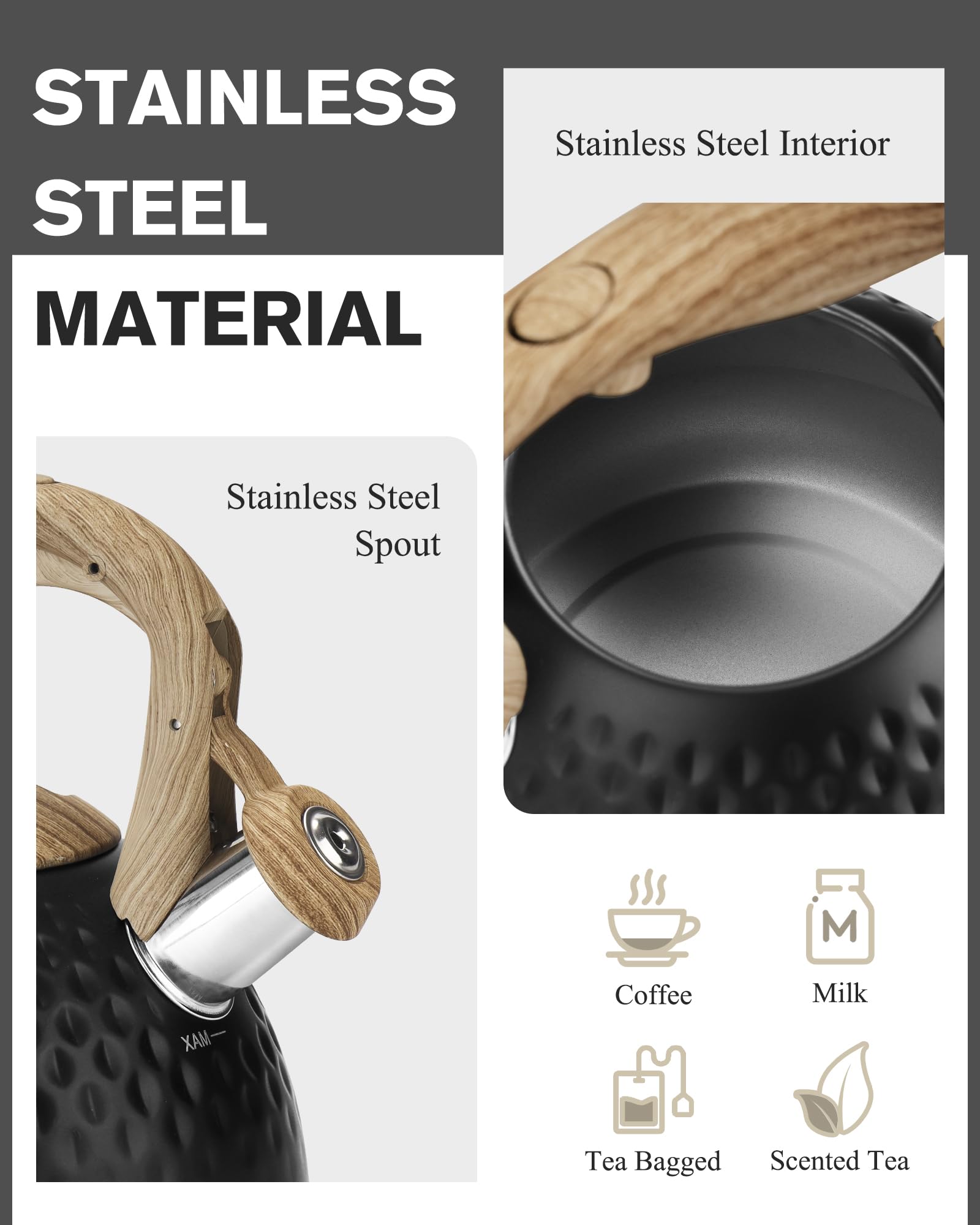 Hauce Radio tea kettle side view shows durable stainless steel