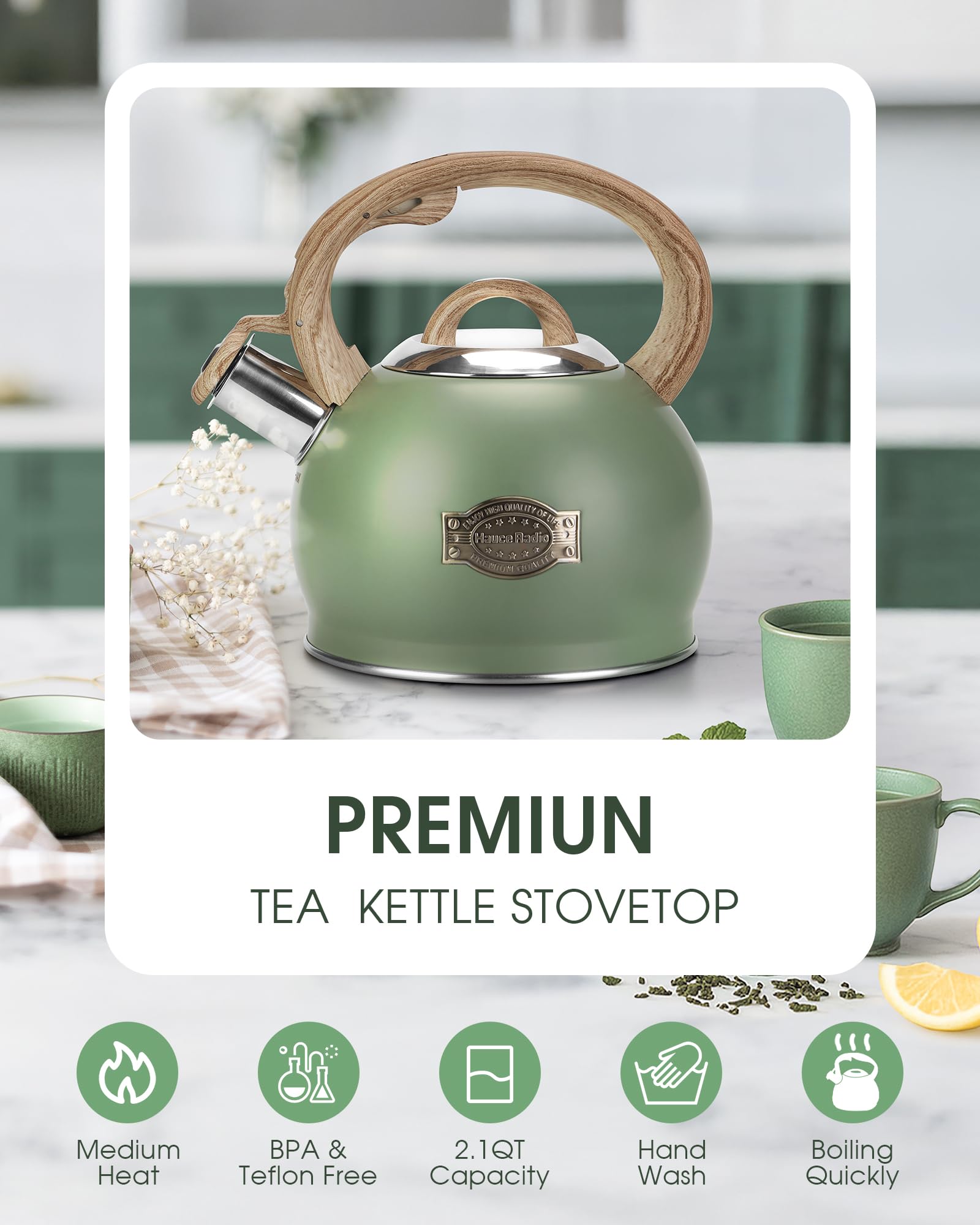 Hauce Radio Tea Kettle wood-pattern handle enables comfortable, steady pours.