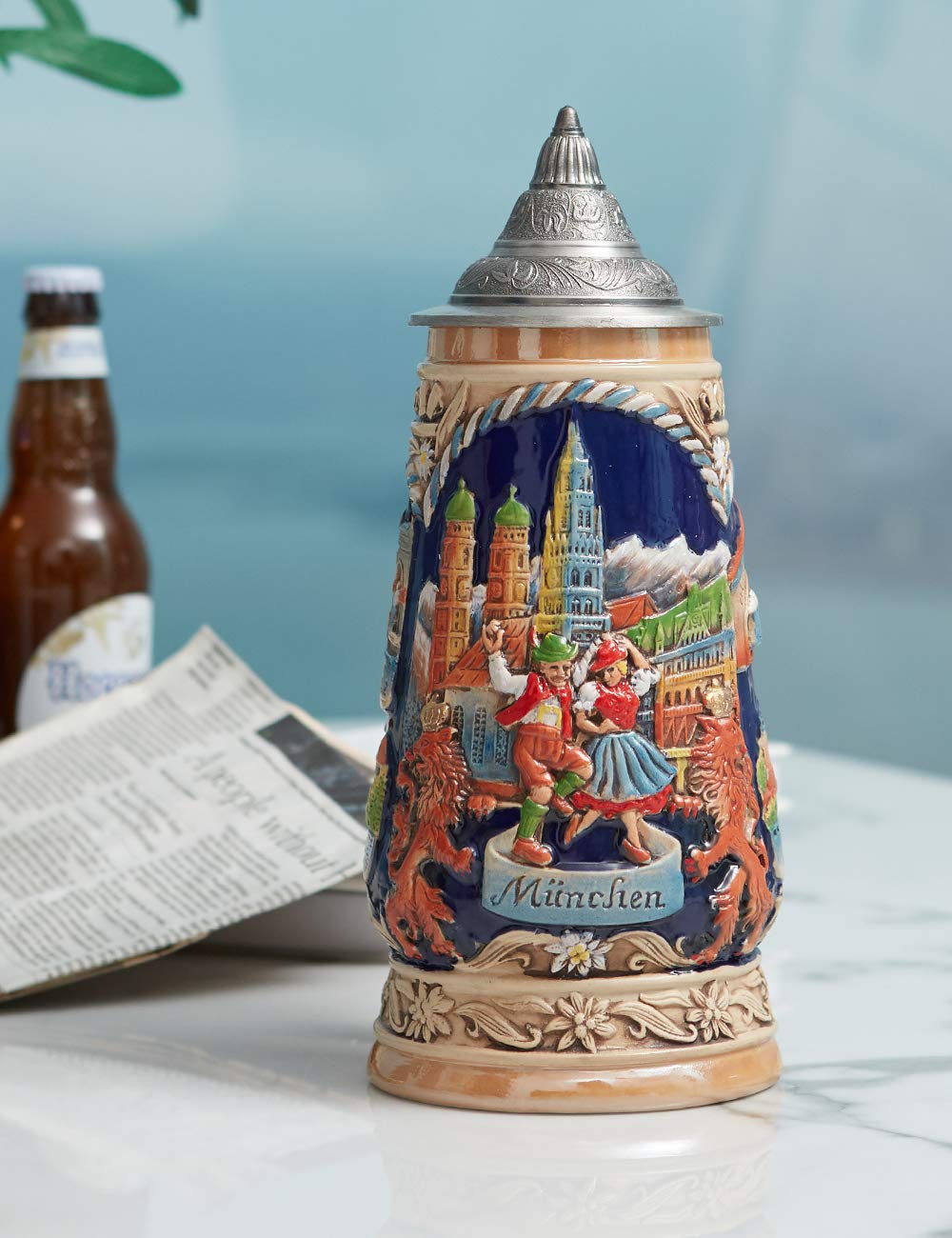 HAUCOZE beer stein with pewter lid for authentic Bavarian experience