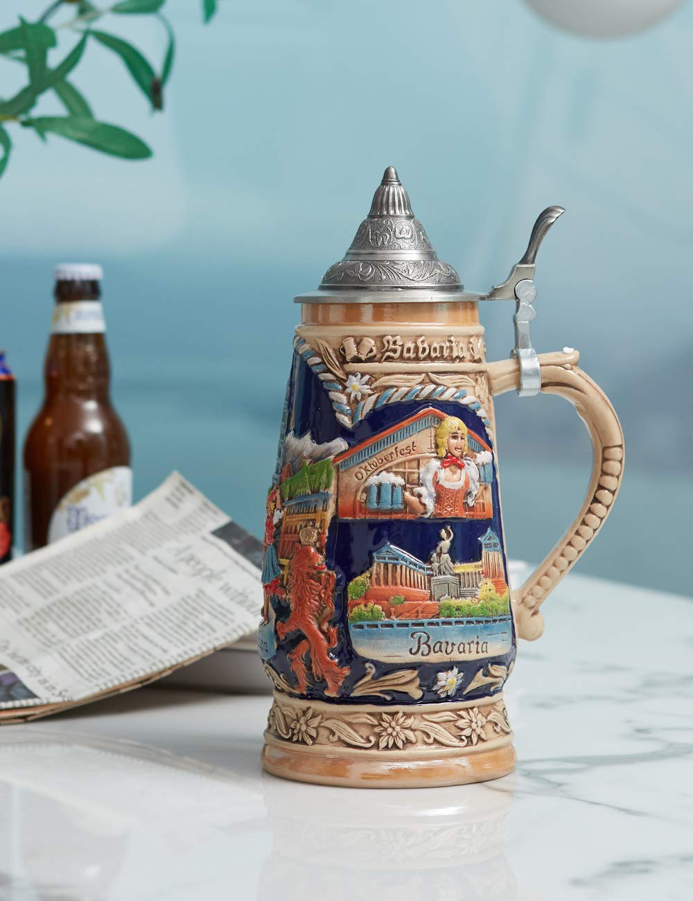 HAUCOZE ceramic beer mug 1 liter, 10 inches tall for bold servings