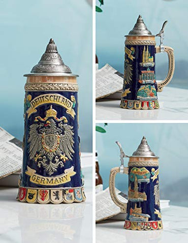 Close-up of coats of arms relief on HAUCOZE stein, detailed craftsmanship.