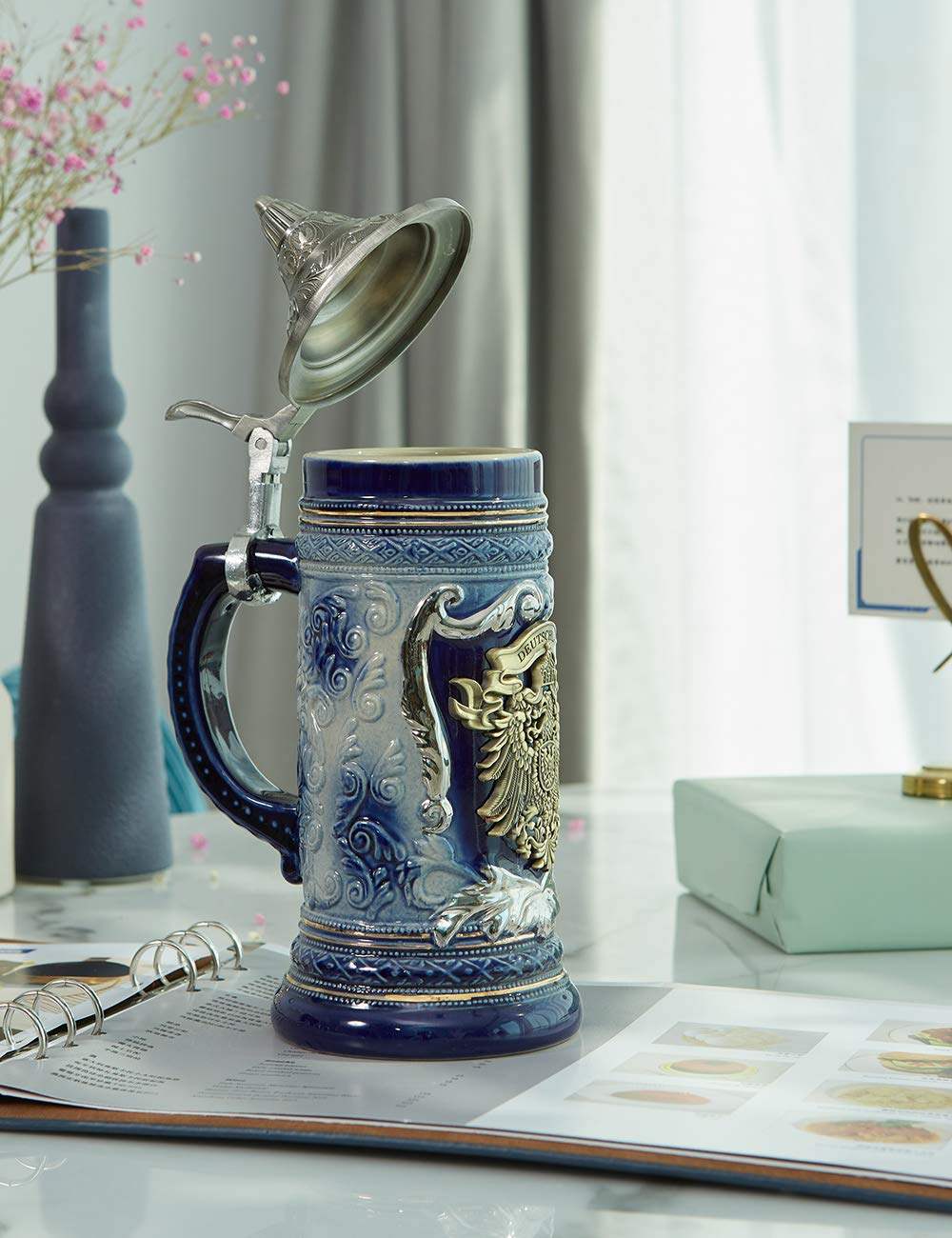 HAUCOZE detailed German castle relief on a hand-painted ceramic stein.