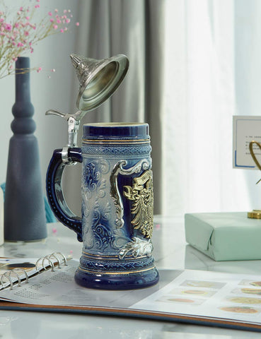 HAUCOZE detailed German castle relief on a hand-painted ceramic stein.
