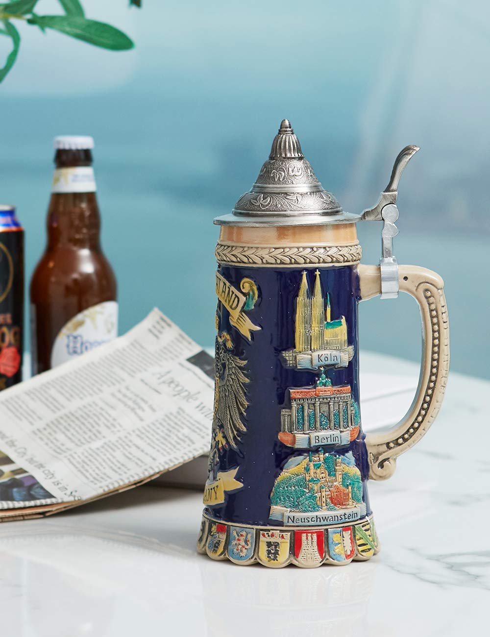 Stein height shows 9.5 inches, delivering a bold presence on the table.