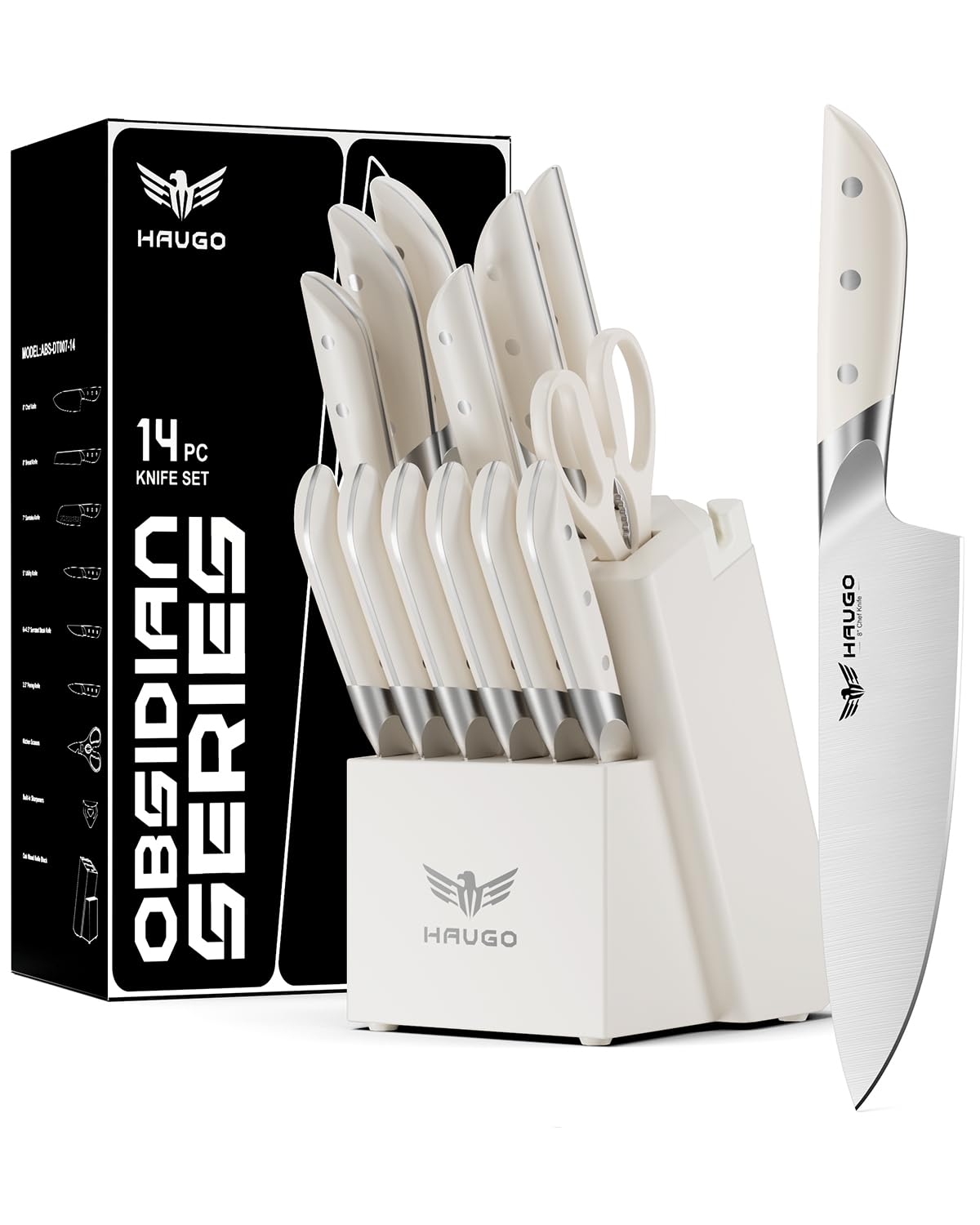 Haugo 14-piece cream white knife set arranged with block for organized prep