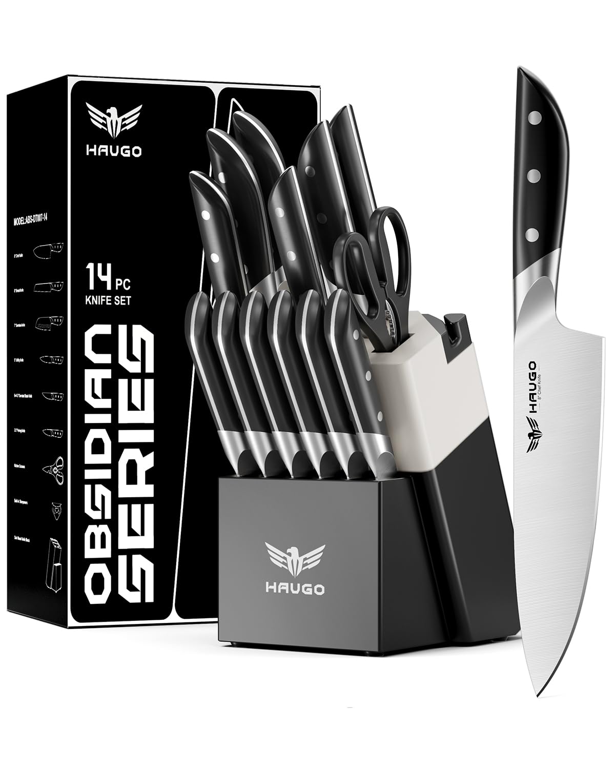 Haugo 14pc knife set block sharpener with organized storage