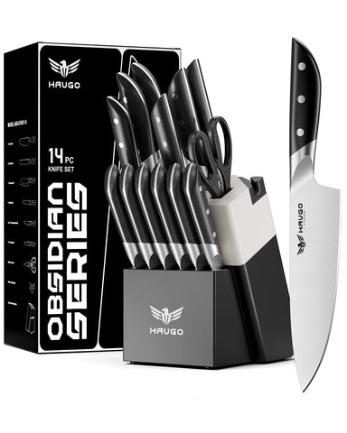 Haugo 14pc knife set block sharpener with organized storage