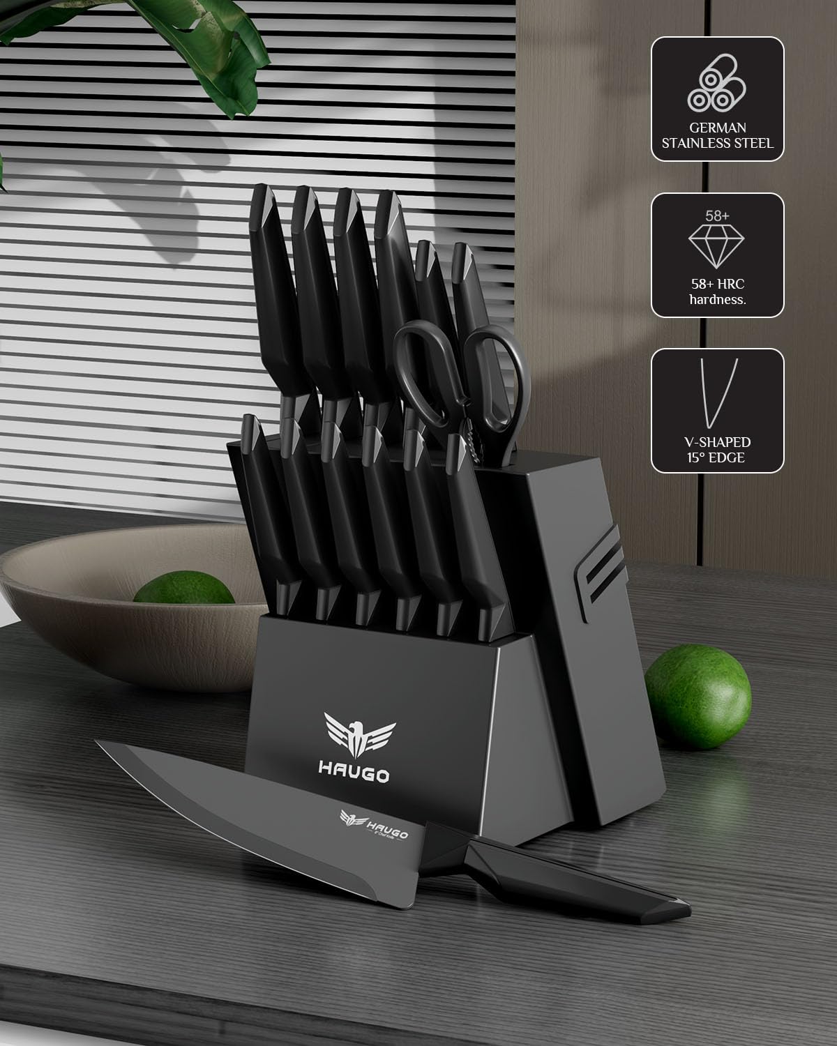Haugo blade with black non-stick coating for smoother slicing and cleanup