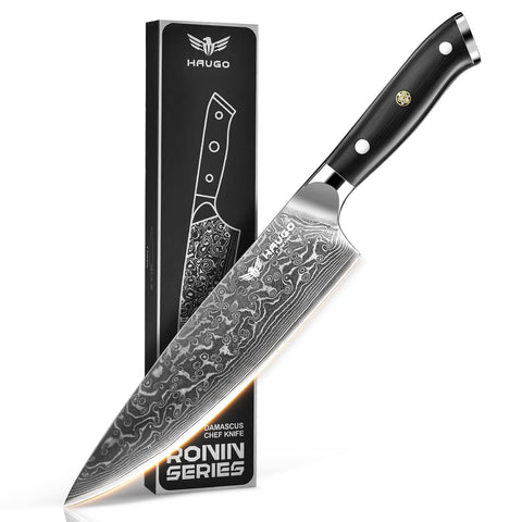 Haugo Damascus chef knife 8-inch blade ready for precise slicing and long-lasting edge.
