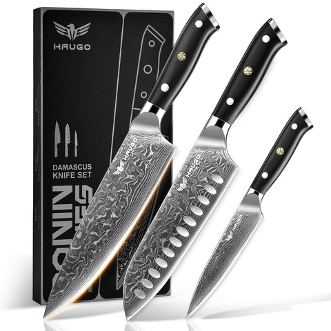 Haugo Damascus Knife Set Ronin Series in a premium gift box for gifting
