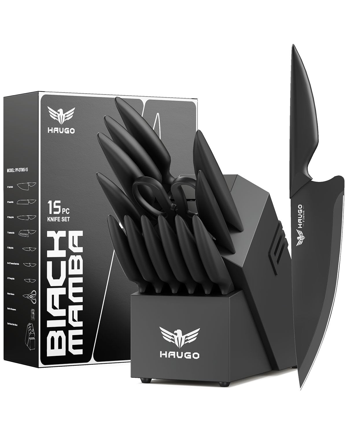 Haugo knife-set 15-piece block with built-in sharpener for precise home slicing.