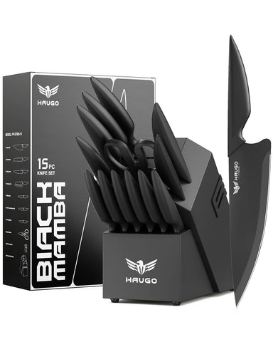 Haugo knife-set 15-piece block with built-in sharpener for precise home slicing.