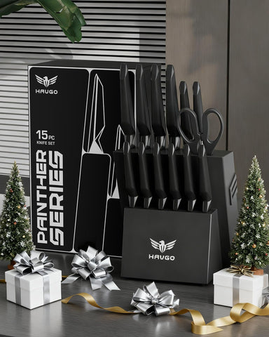 Premium oak knife block adds elegant storage to any kitchen