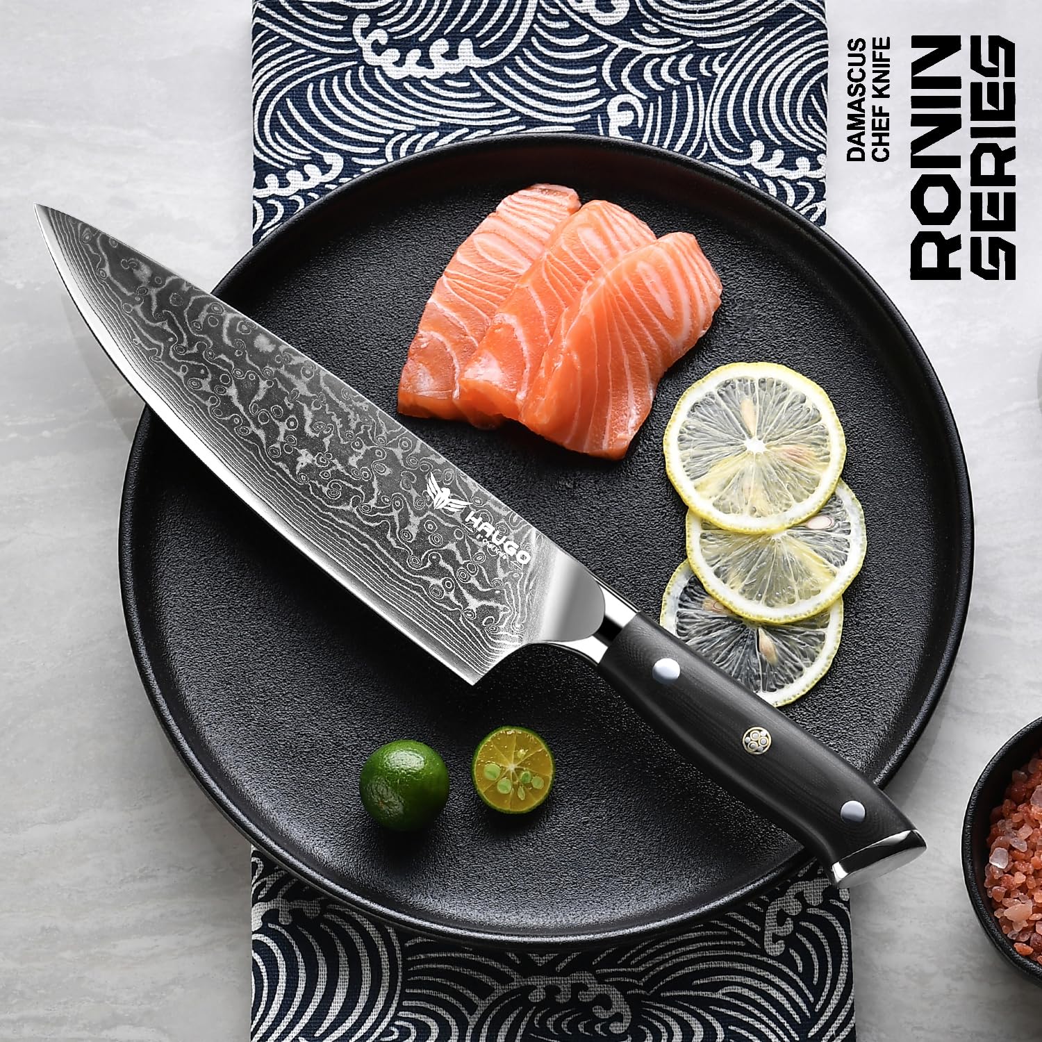 Haugo Ronin-series damascus pattern over vg10 core highlights craftsmanship and performance.