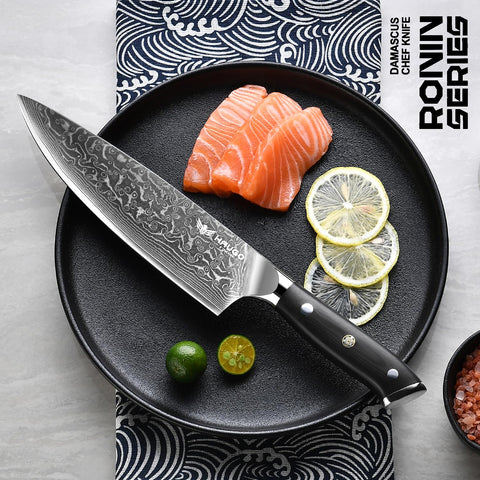 Haugo Ronin-series damascus pattern over vg10 core highlights craftsmanship and performance.