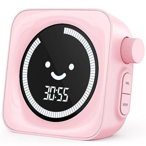 HAUKINIX Visual Timer for Kids pink front view showing smiley interface and time progress.