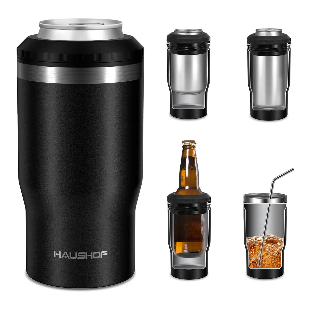 HAUSHOF 12oz can cooler 4-in-1 design keeps drinks handy on outings.