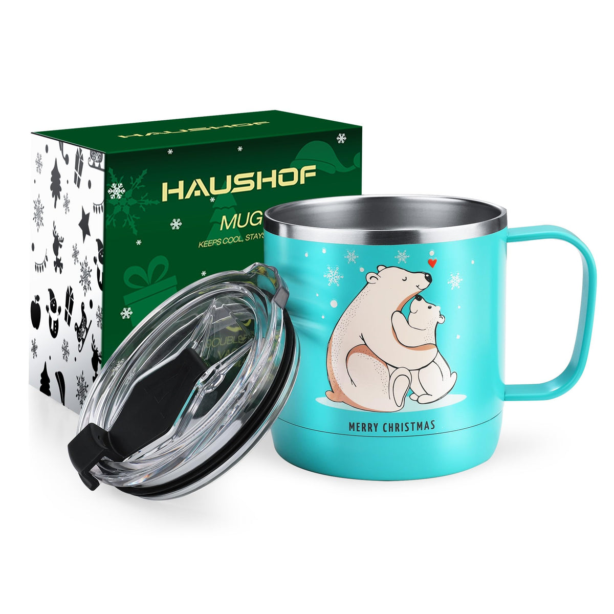 Haushof 14oz Christmas mug with lid keeps drinks hot for hours.