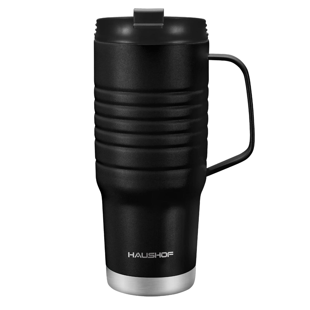 HAUSHOF 24oz travel mug handle closeup shows secure grip and comfort.