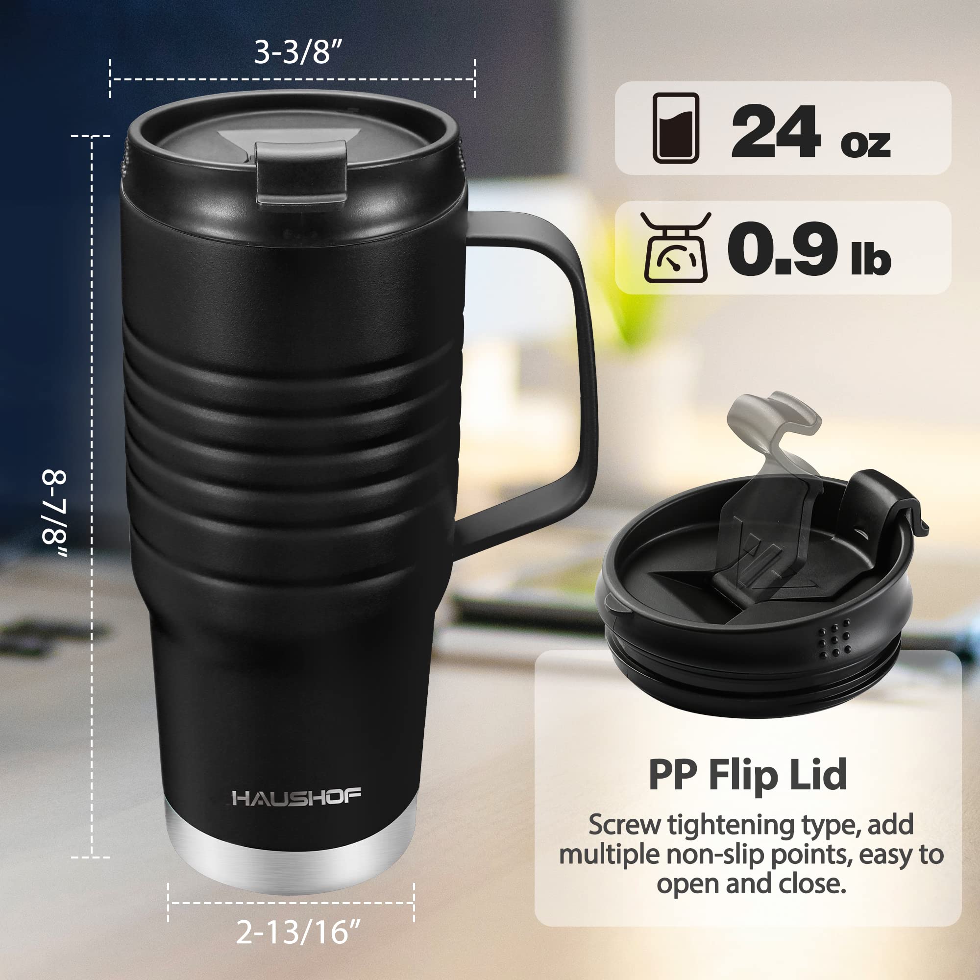 HAUSHOF vacuum insulated mug keeps beverages hot or cold for hours.