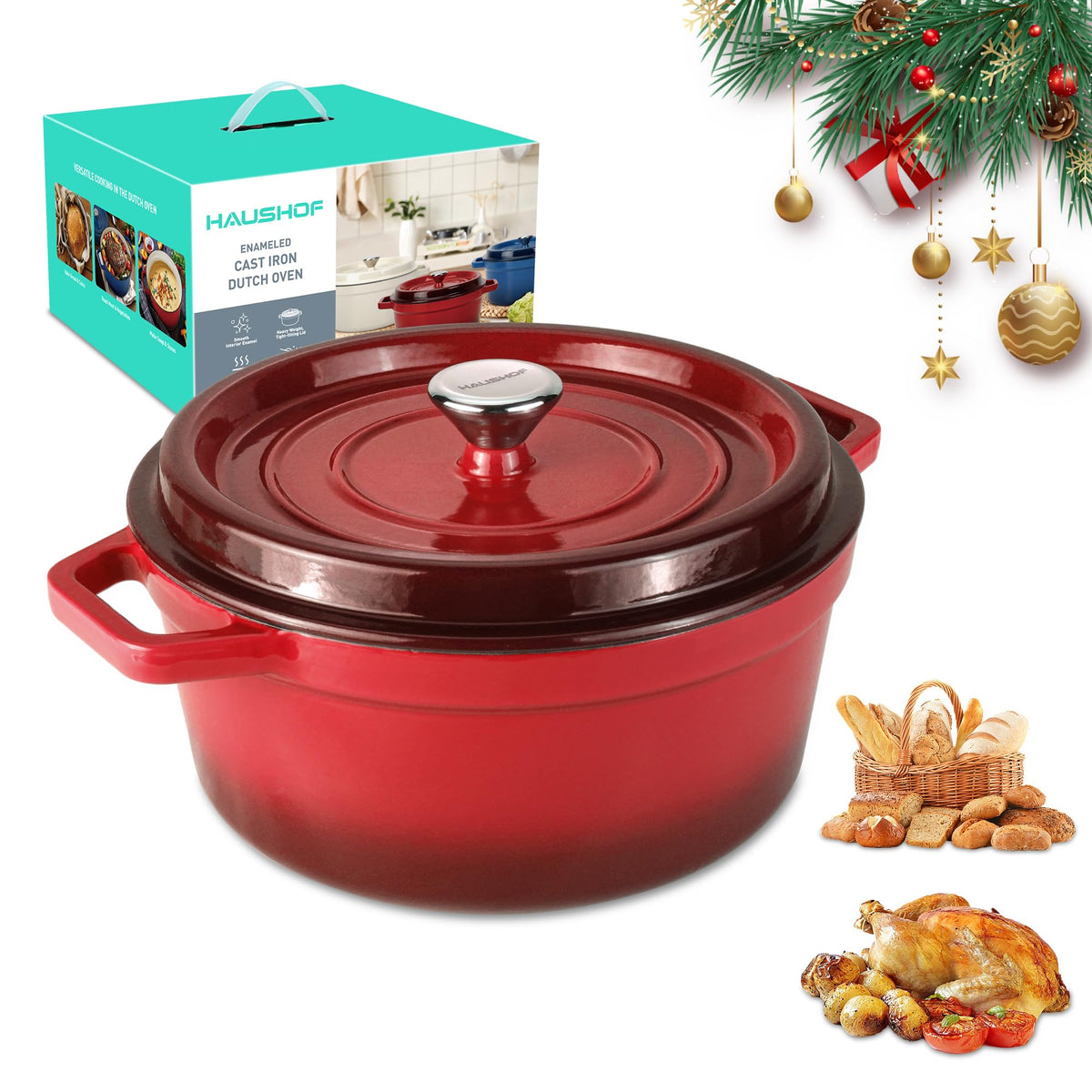 HAUSHOF 5.3QT enamelled cast iron Dutch oven with red lid, even heat for breads.