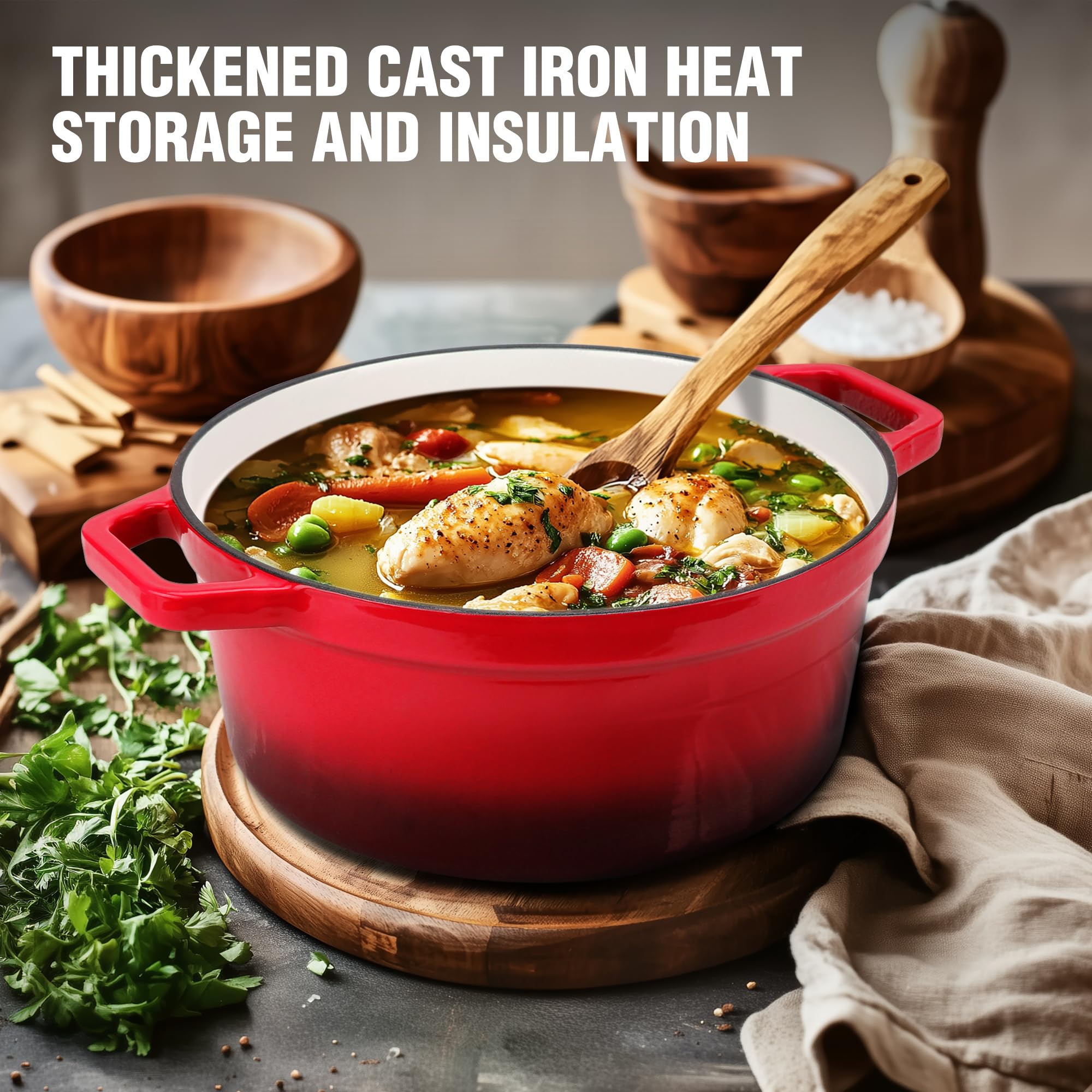 HAUSHOF red lid Dutch oven, ideal for braising on stove and in oven.