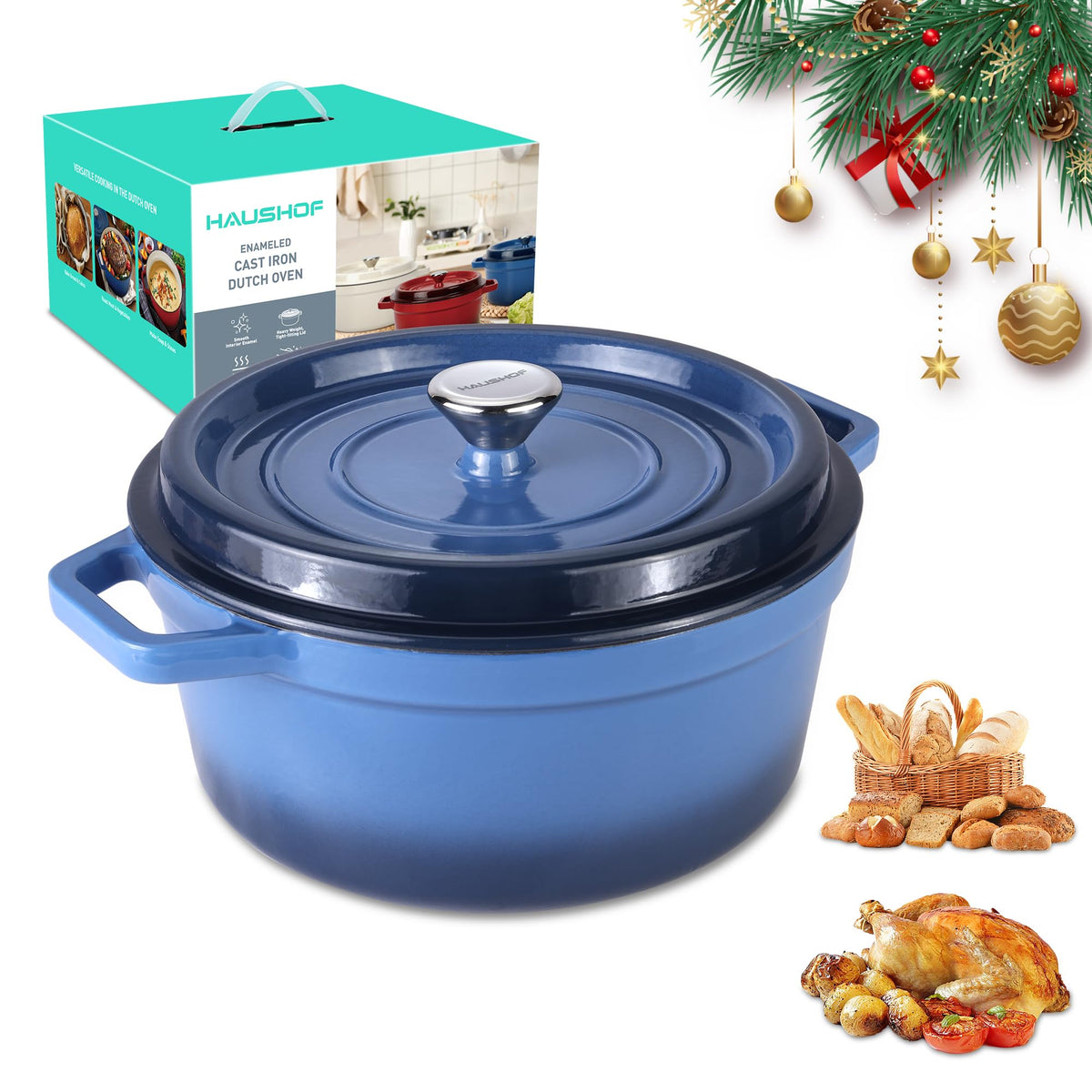 HAUSHOF blue enameled Dutch oven with lid for even cooking