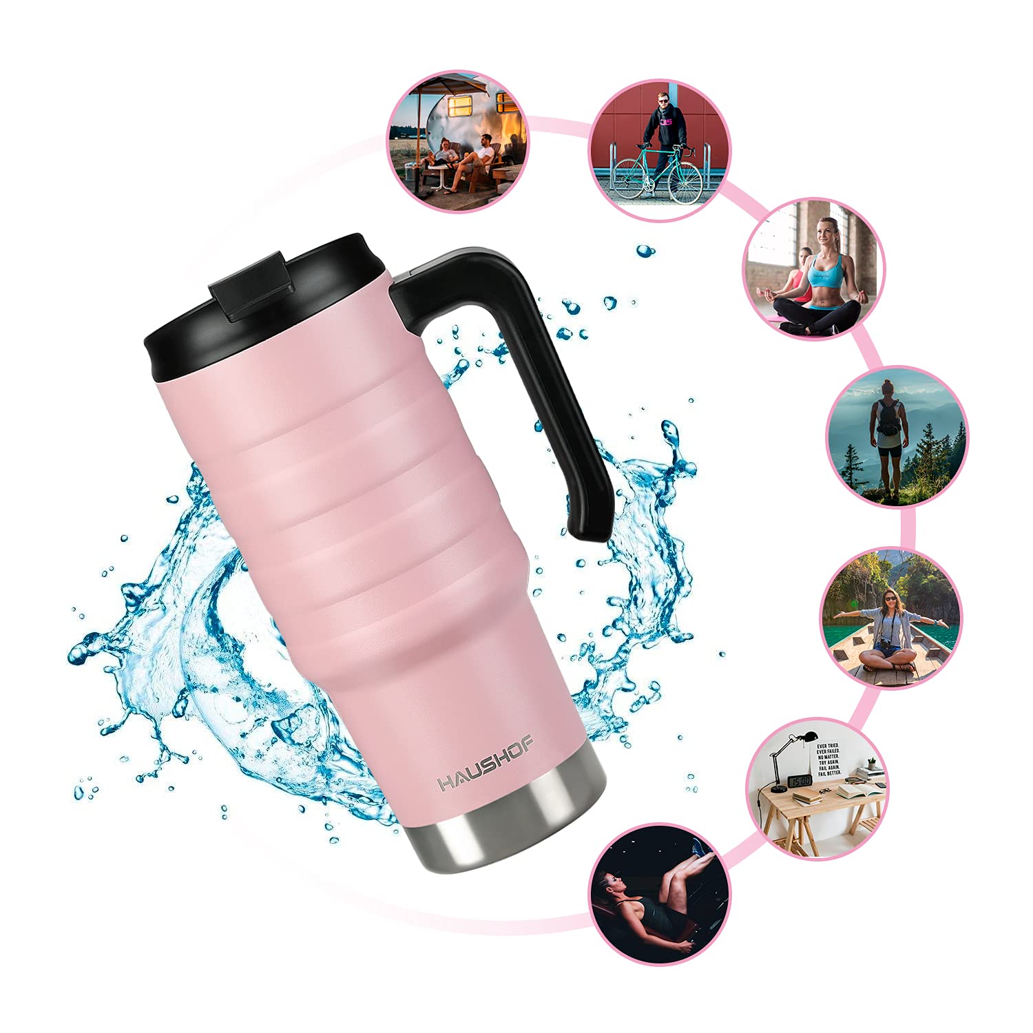 HAUSHOF pink travel mug with comfortable handle ideal for gym and office hydration.
