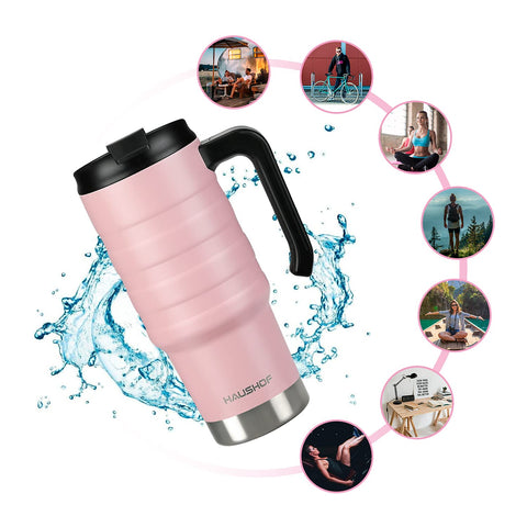 HAUSHOF pink travel mug with comfortable handle ideal for gym and office hydration.