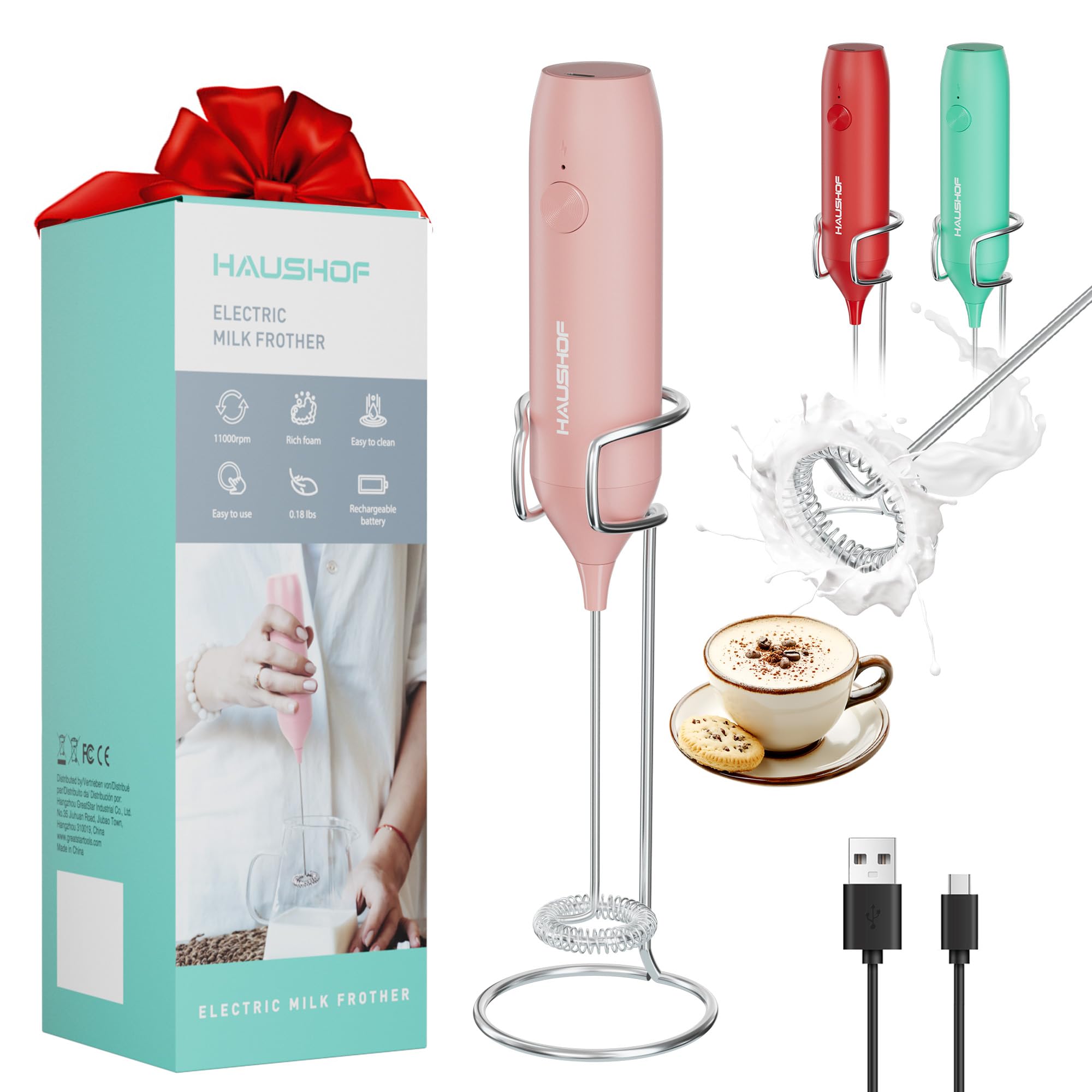HAUSHOF milk frother wand with stand ready for creamy foam