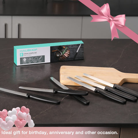 HAUSHOF steak knife with black handle for a secure, comfortable grip.