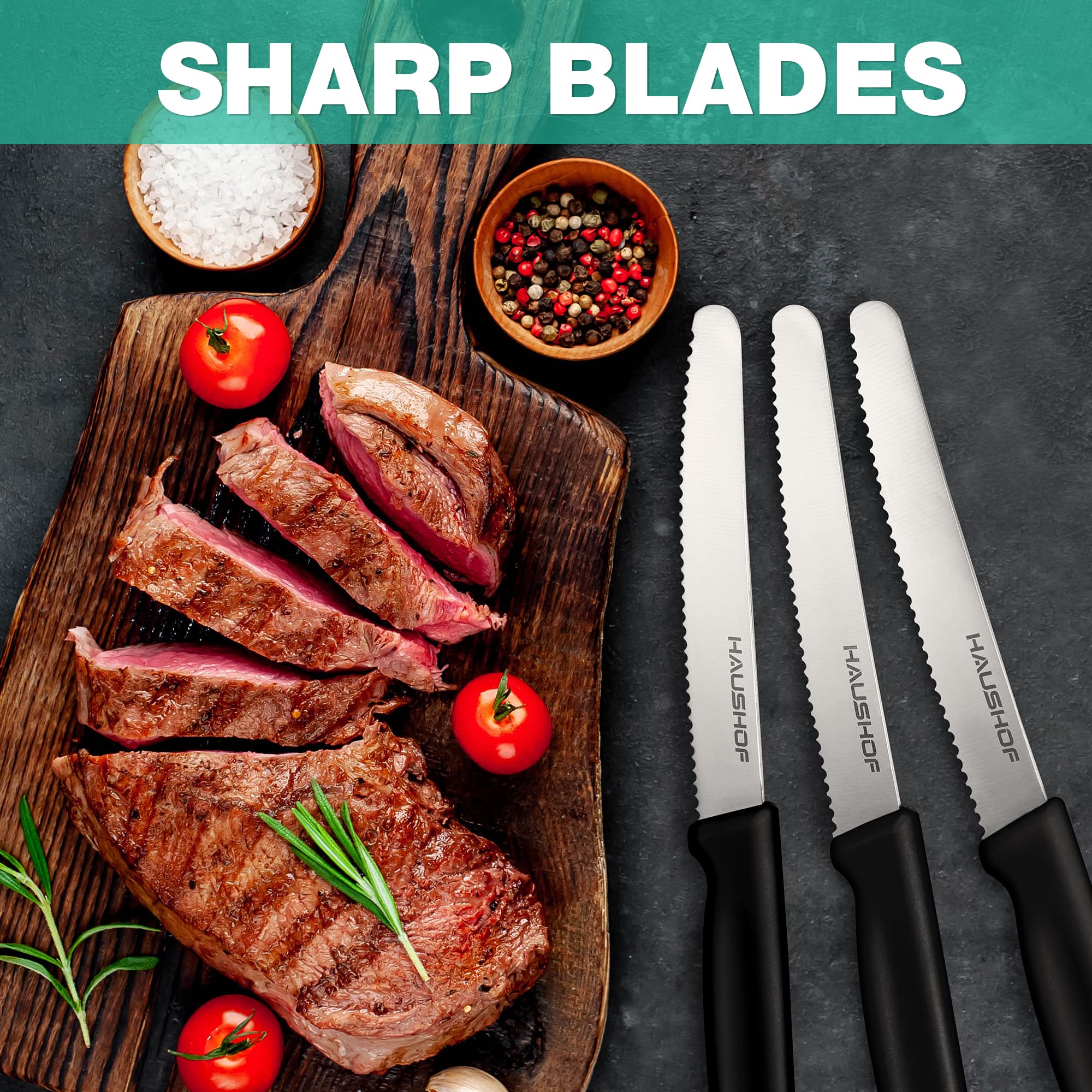 Versatile HAUSHOF knives slice cheese, meat, and vegetables with ease.