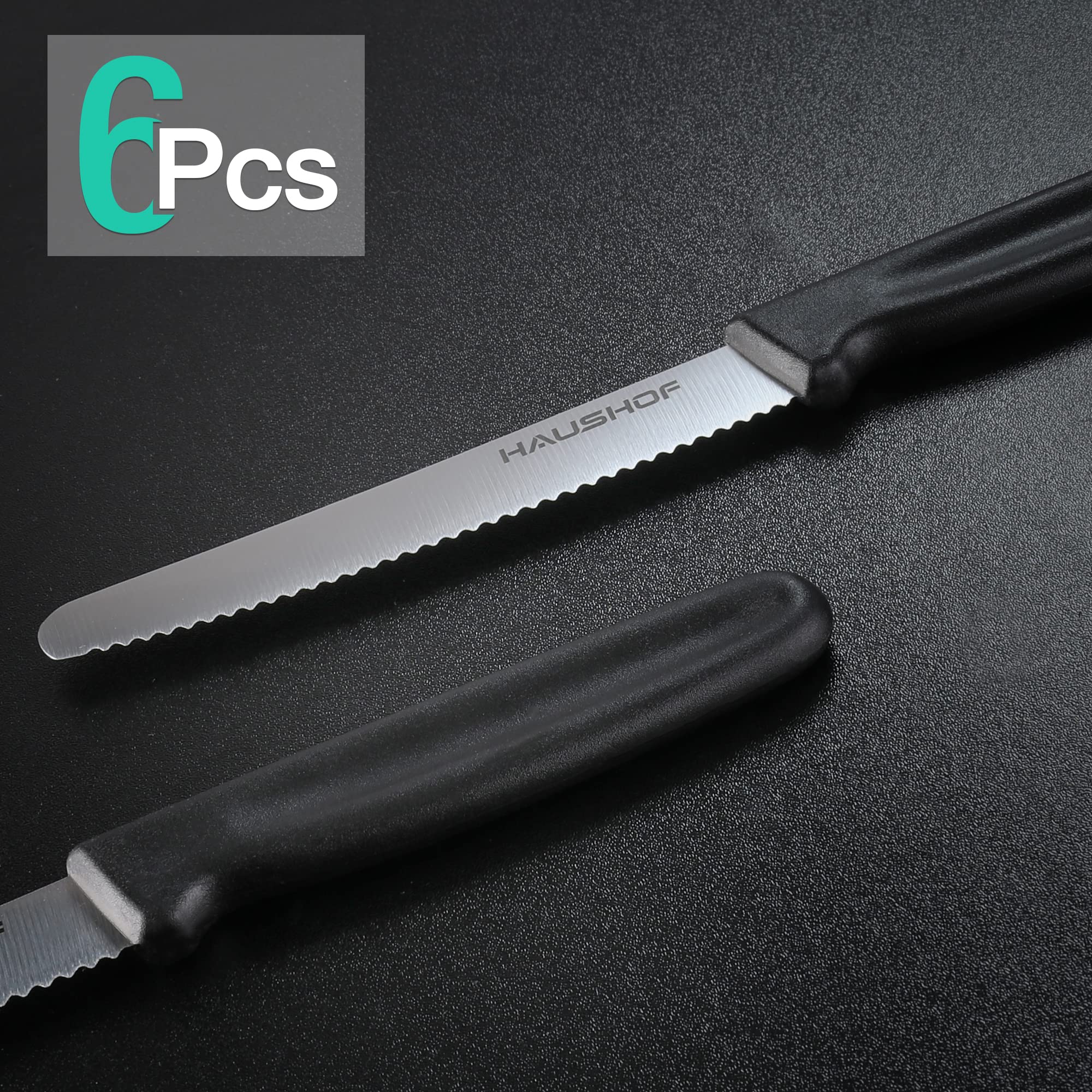 HAUSHOF steak knife close-up showing serrations and sharp edge for clean slicing.