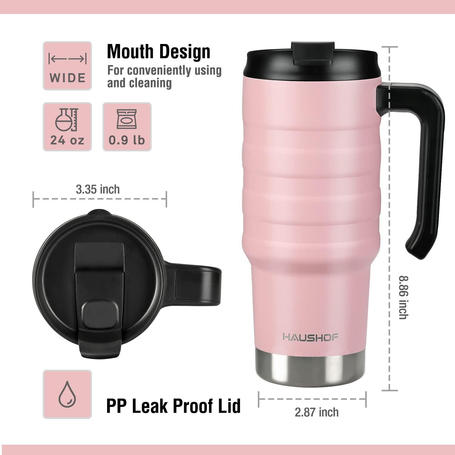 HAUSHOF travel mug with spill-proof flip lid for mess-free sipping on the go.