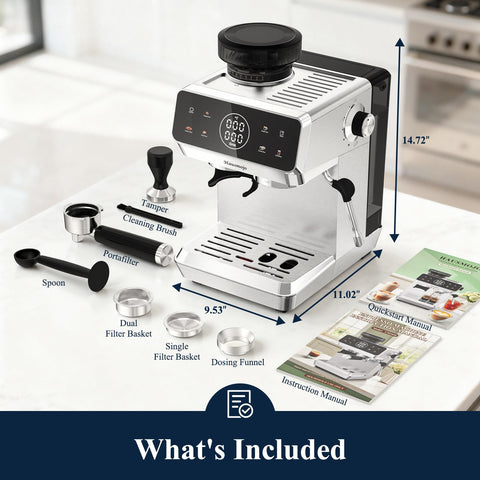 Comprehensive accessory kit supports quick setup and cafe quality drinks.
