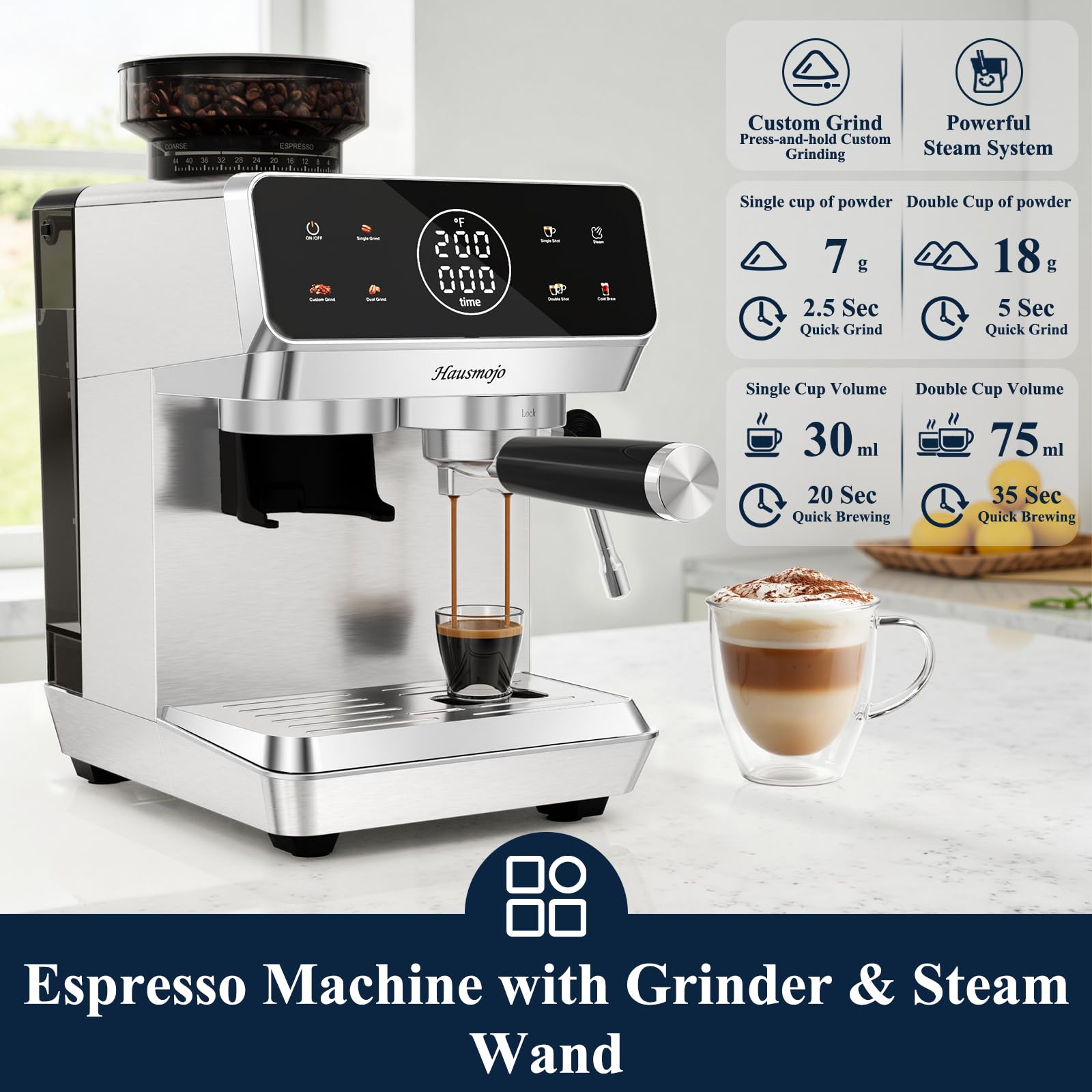 Built in grinder with 44 settings enables precise shot dialing for personalized flavor.