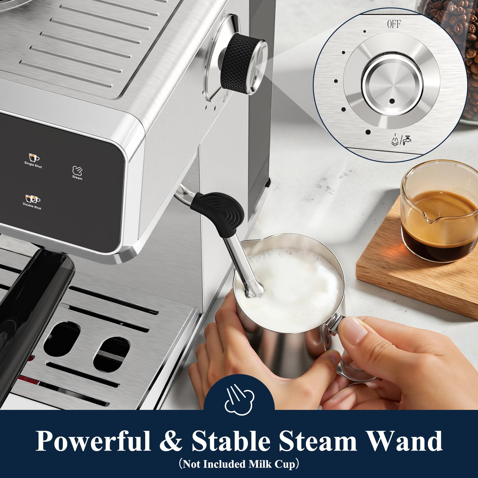 Steam wand enables silky microfoam for latte art at home.